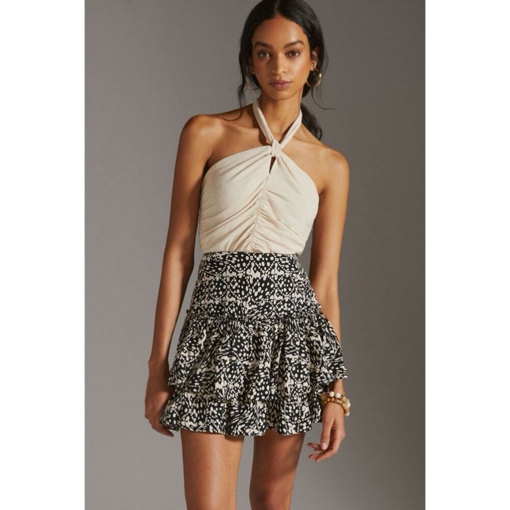Anthropologie Maeve Tiered Linen Mini Skirt in Dot Print - Size 6